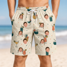 Model wearing Men's Mango Matrimony Custom Face Beach Shorts printed with kids' faces