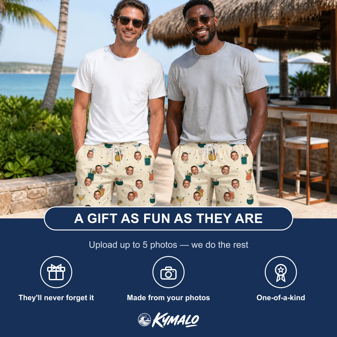 Friends in matching Men's Mango Matrimony Custom Face Beach Shorts — a group gift photo
