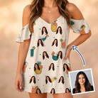 Woman wearing Women's Mango Matrimony Custom Face Off-Shoulder Dress — custom faces printed all-over