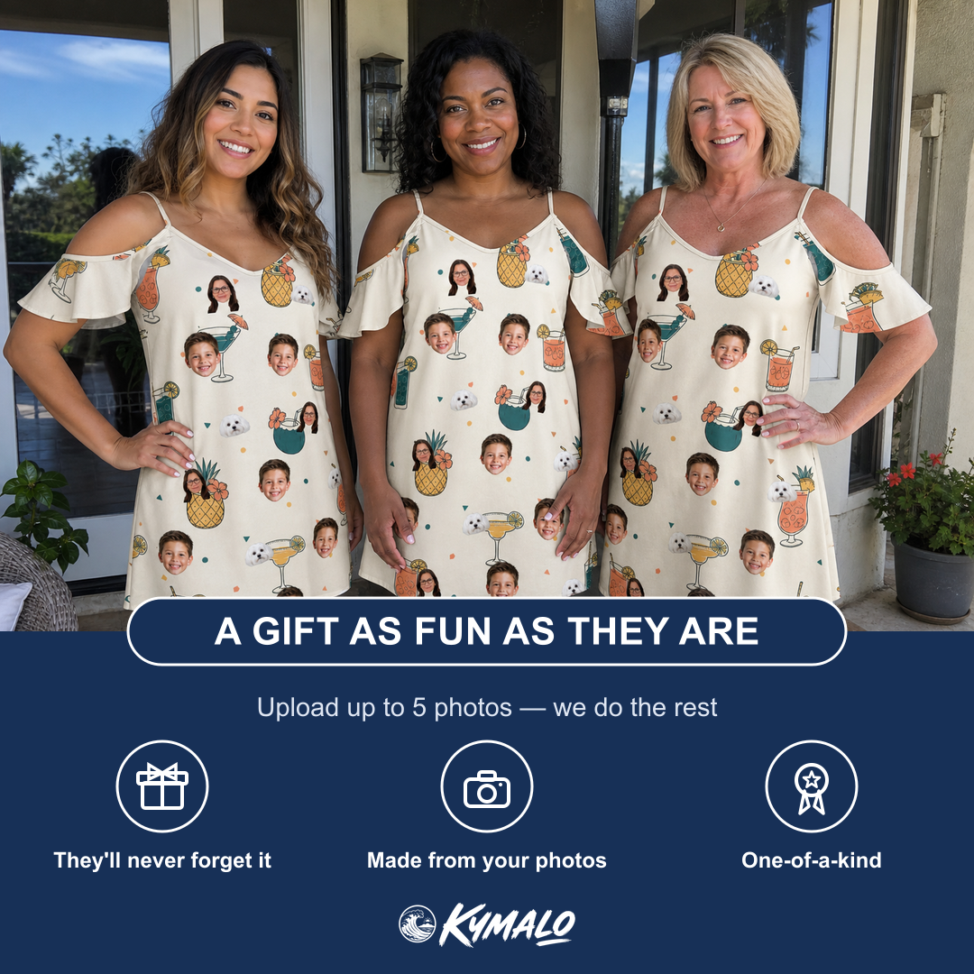 Friends in matching Women's Mango Matrimony Custom Face Off-Shoulder Dress — a group gift photo