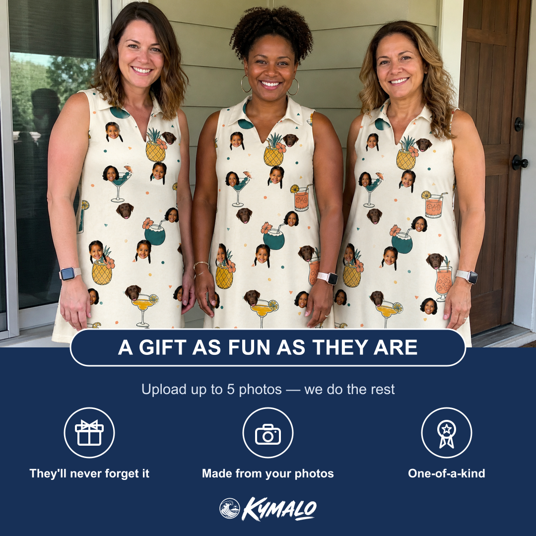 Friends in matching Women's Mango Matrimony Custom Face V-Neck Dress — a group gift photo