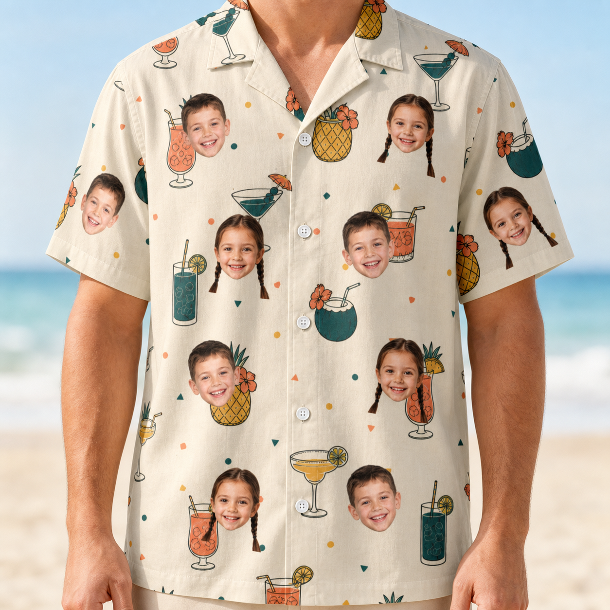 Model wearing Men's Mango Matrimony Custom Face Hawaiian Shirt printed with kids' faces
