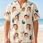 Model wearing Men's Mango Matrimony Custom Face Hawaiian Shirt printed with kids' faces