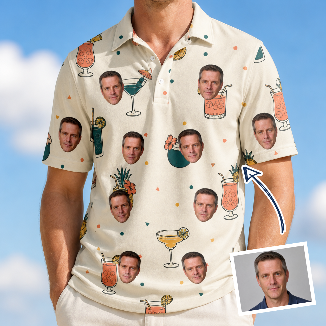 Man wearing Men's Mango Matrimony Custom Face Polo Shirt — custom faces printed all-over