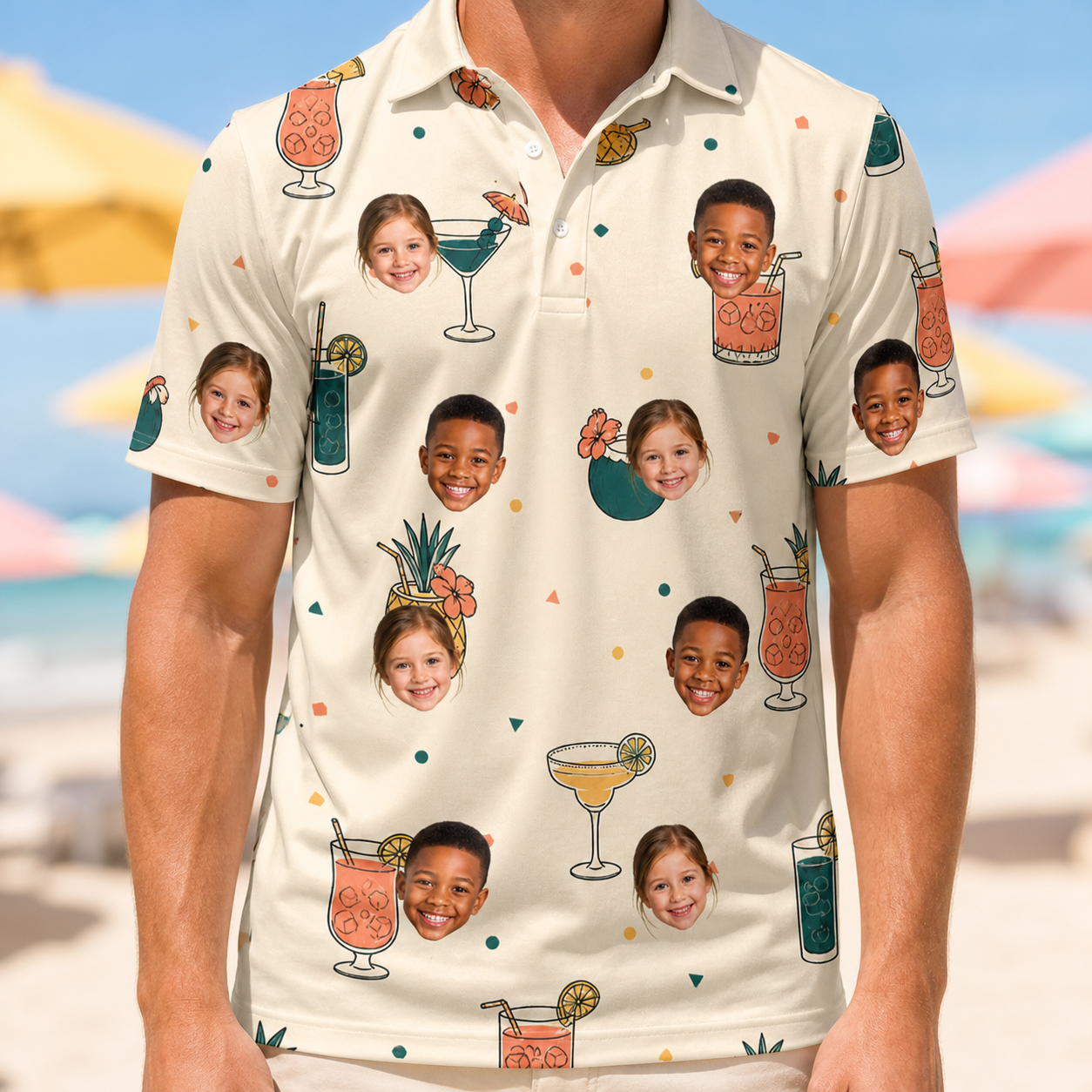 Model wearing Men's Mango Matrimony Custom Face Polo Shirt printed with kids' faces