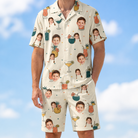 Model wearing Men's Mango Matrimony Custom Face Shirt & Shorts Set printed with kids' faces