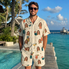 Real-life photo of someone wearing Men's Mango Matrimony Custom Face Shirt & Shorts Set — custom faces printed all-over