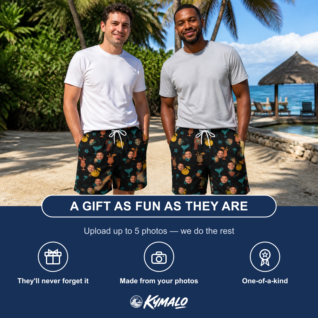 Friends in matching Men's Guava Gaiety Custom Face Beach Shorts — a group gift photo