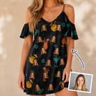 Woman wearing Women's Guava Gaiety Custom Face Off-Shoulder Dress — custom faces printed all-over