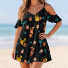 Model wearing Women's Guava Gaiety Custom Face Off-Shoulder Dress printed with kids' faces