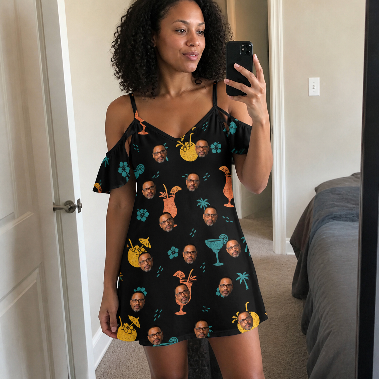 Real-life photo of someone wearing Women's Guava Gaiety Custom Face Off-Shoulder Dress — custom faces printed all-over