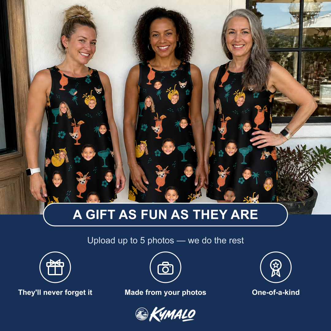 Friends in matching Women's Guava Gaiety Custom Face Tank Dress — a group gift photo