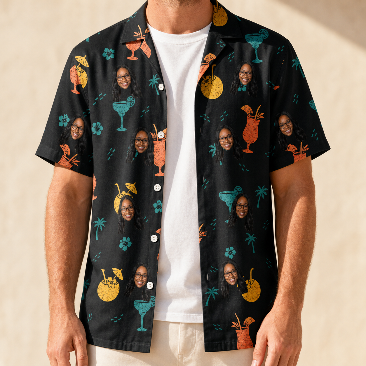 Man wearing Men's Guava Gaiety Custom Face Hawaiian Shirt open over a white tee