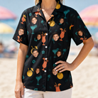 Model wearing Women's Guava Gaiety Custom Face Hawaiian Shirt printed with kids' faces