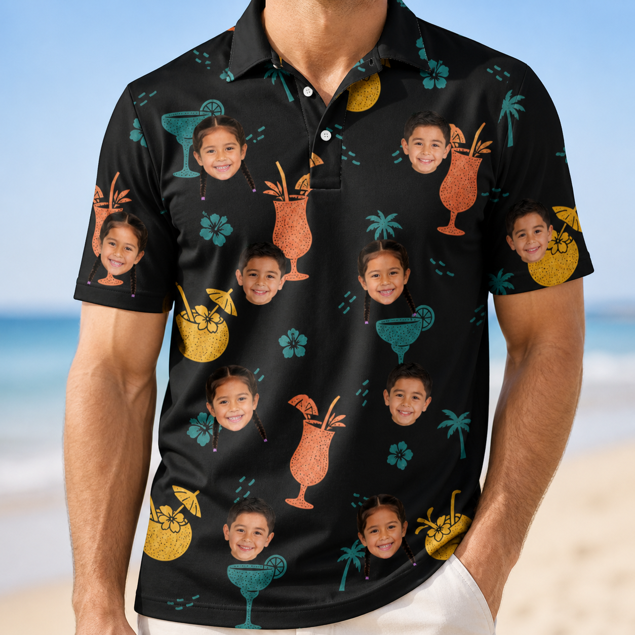 Model wearing Men's Guava Gaiety Custom Face Polo Shirt printed with kids' faces