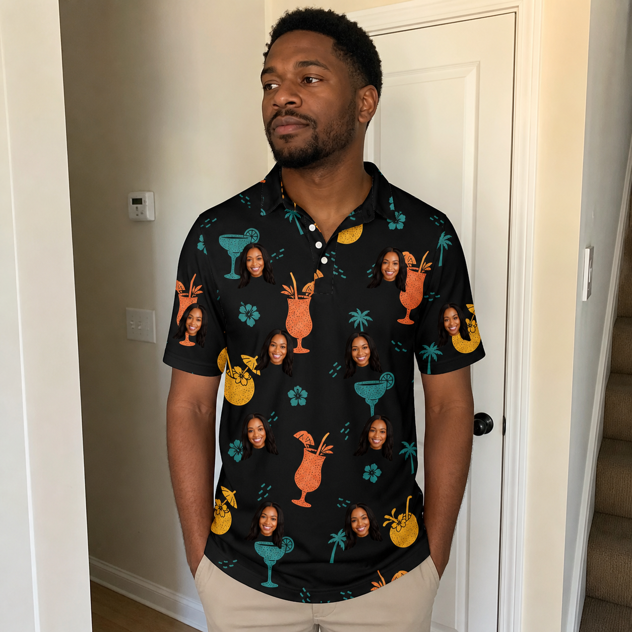 Real-life photo of someone wearing Men's Guava Gaiety Custom Face Polo Shirt — custom faces printed all-over