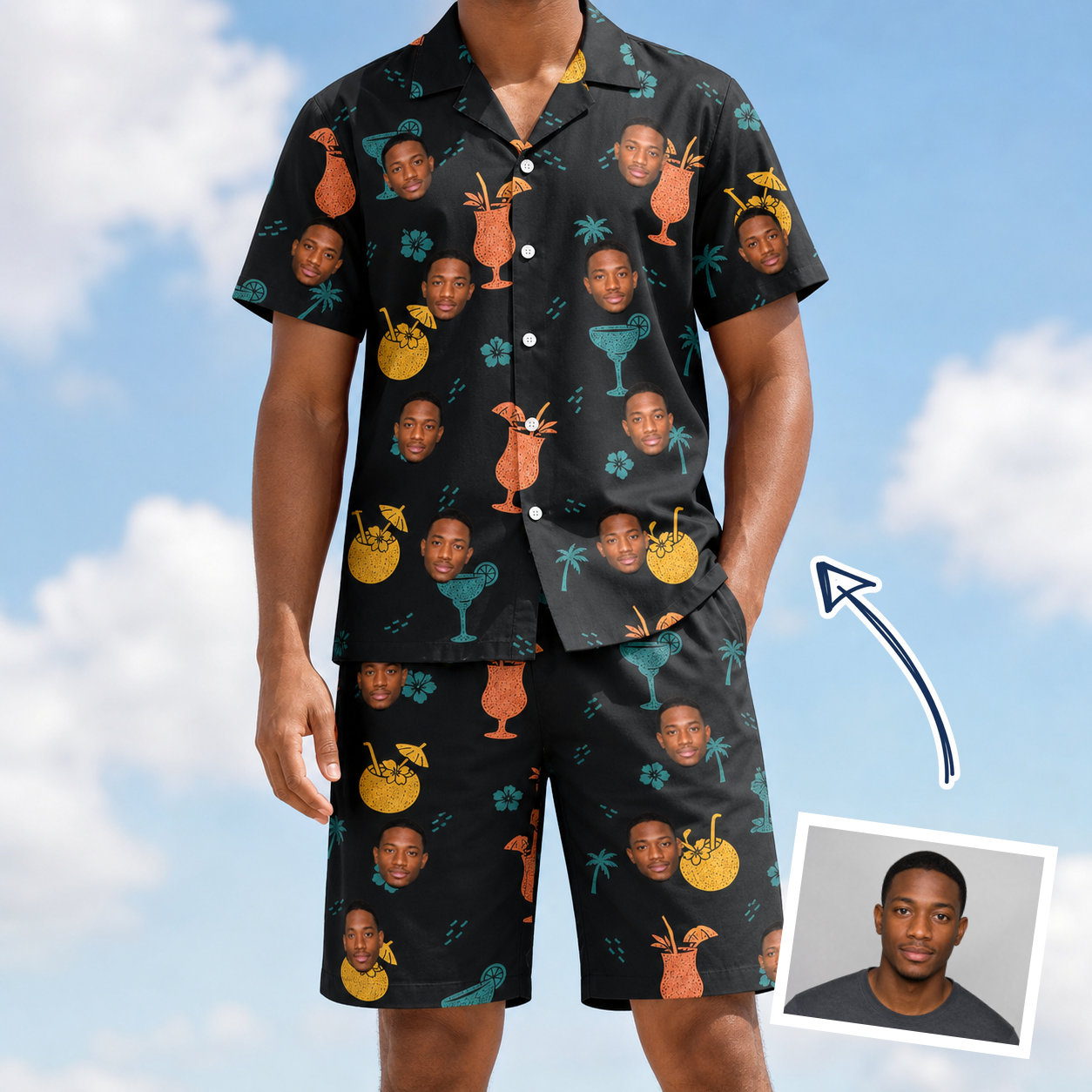 Man wearing Men's Guava Gaiety Custom Face Shirt & Shorts Set — custom faces printed all-over