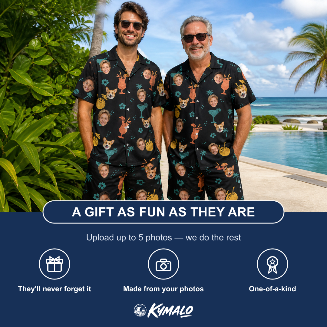 Friends in matching Men's Guava Gaiety Custom Face Shirt & Shorts Set — a group gift photo