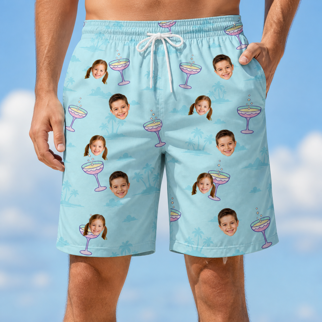Model wearing Men's Cork Kisses Custom Face Beach Shorts printed with kids' faces