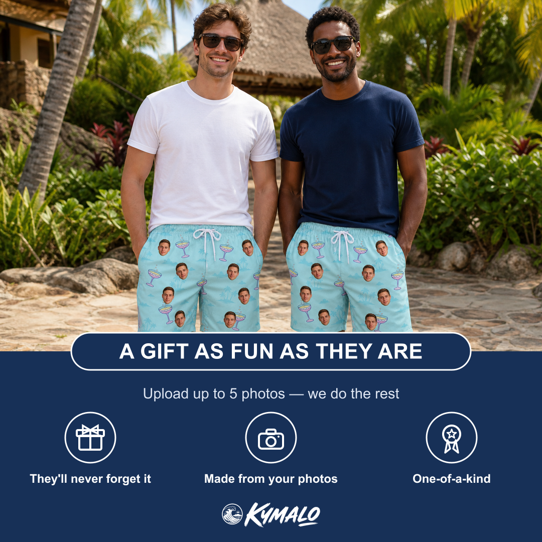 Friends in matching Men's Cork Kisses Custom Face Beach Shorts — a group gift photo