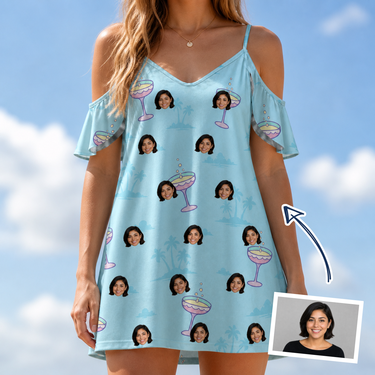Woman wearing Women's Cork Kisses Custom Face Off-Shoulder Dress — custom faces printed all-over