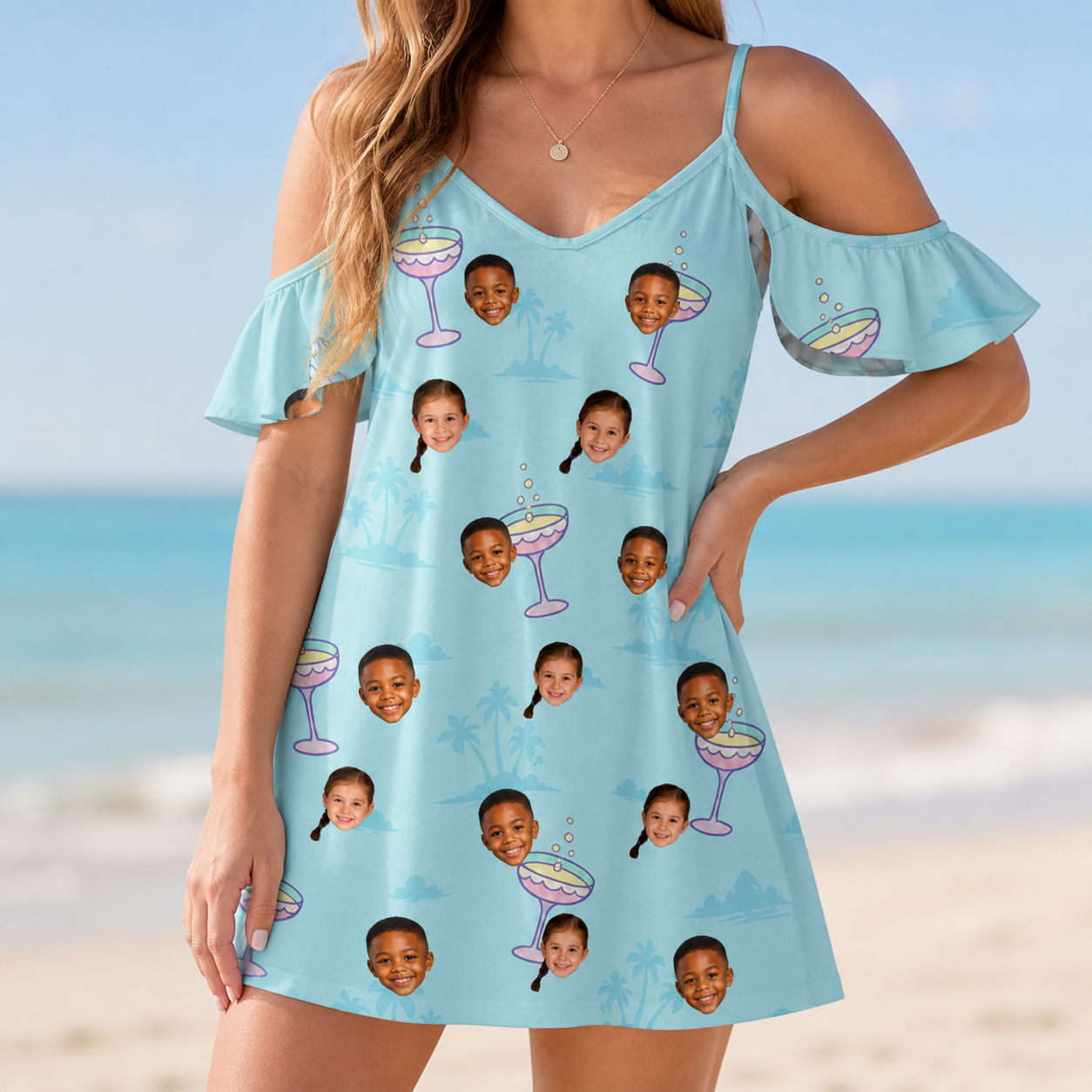 Model wearing Women's Cork Kisses Custom Face Off-Shoulder Dress printed with kids' faces