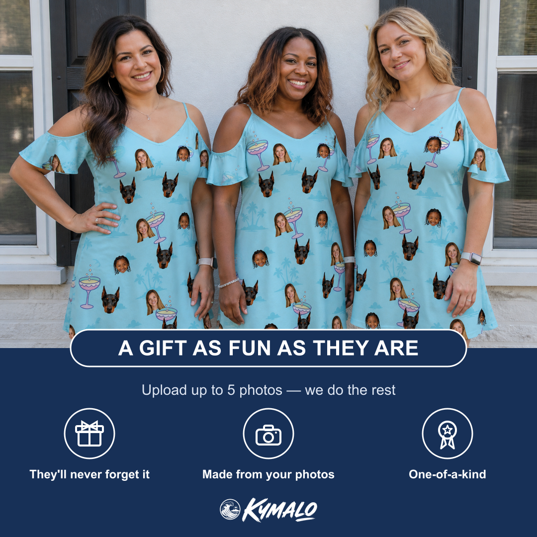 Friends in matching Women's Cork Kisses Custom Face Off-Shoulder Dress — a group gift photo
