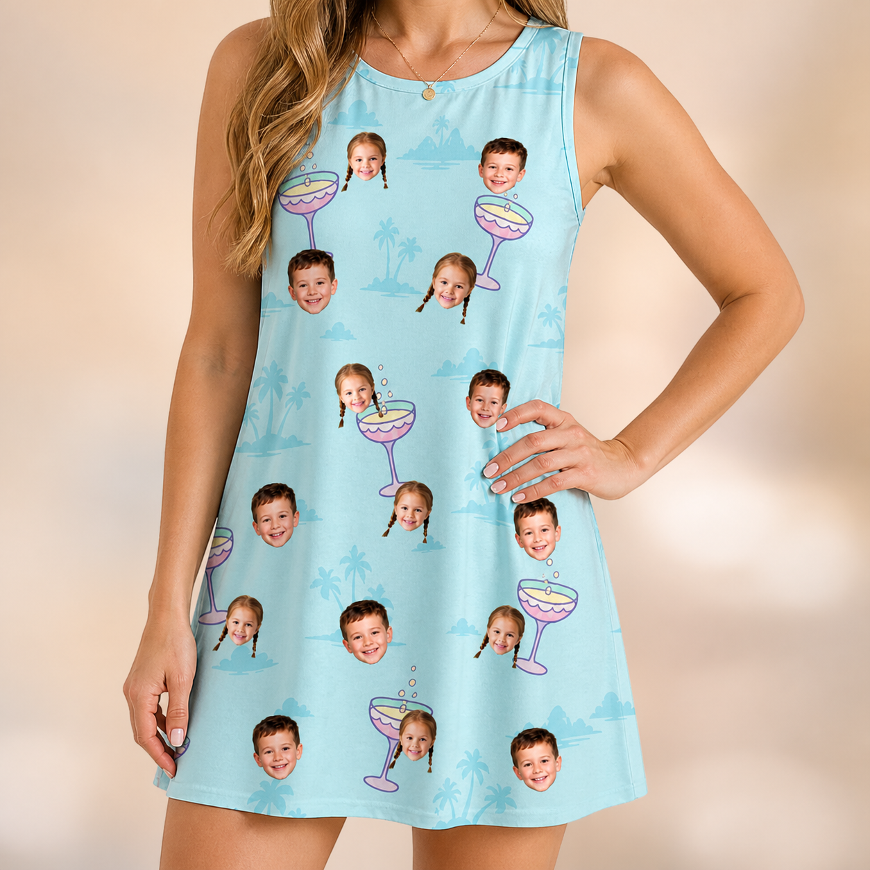 Model wearing Women's Cork Kisses Custom Face Tank Dress printed with kids' faces
