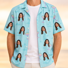 Man wearing Men's Cork Kisses Custom Face Hawaiian Shirt open over a white tee