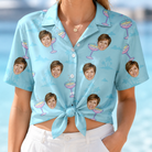 Woman wearing Women's Cork Kisses Custom Face Hawaiian Shirt tied at the waist