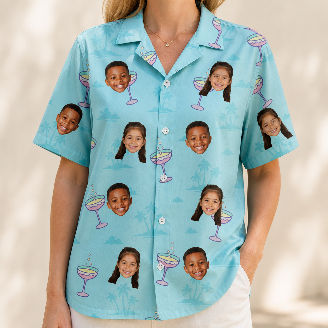 Model wearing Women's Cork Kisses Custom Face Hawaiian Shirt printed with kids' faces