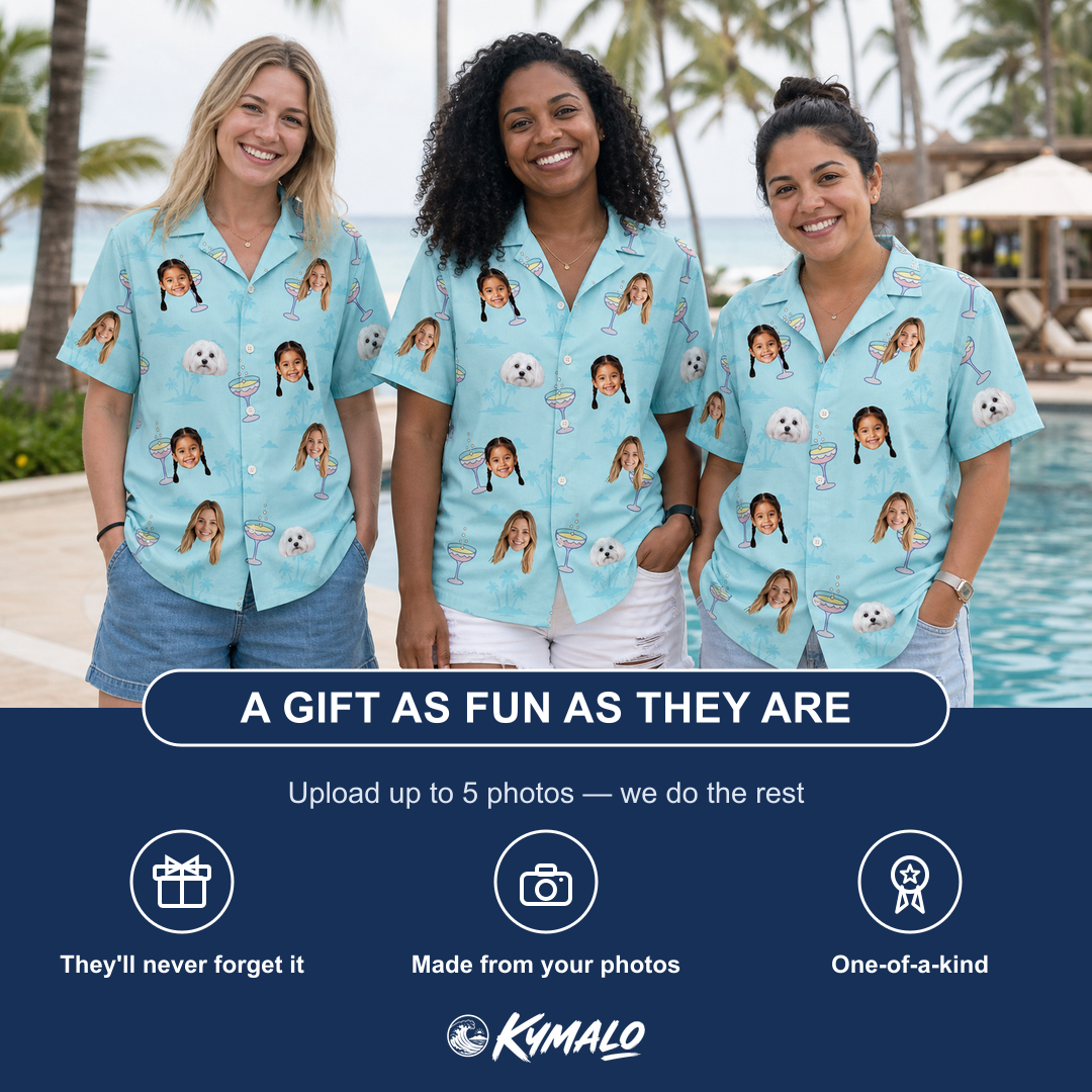 Friends in matching Women's Cork Kisses Custom Face Hawaiian Shirt — a group gift photo
