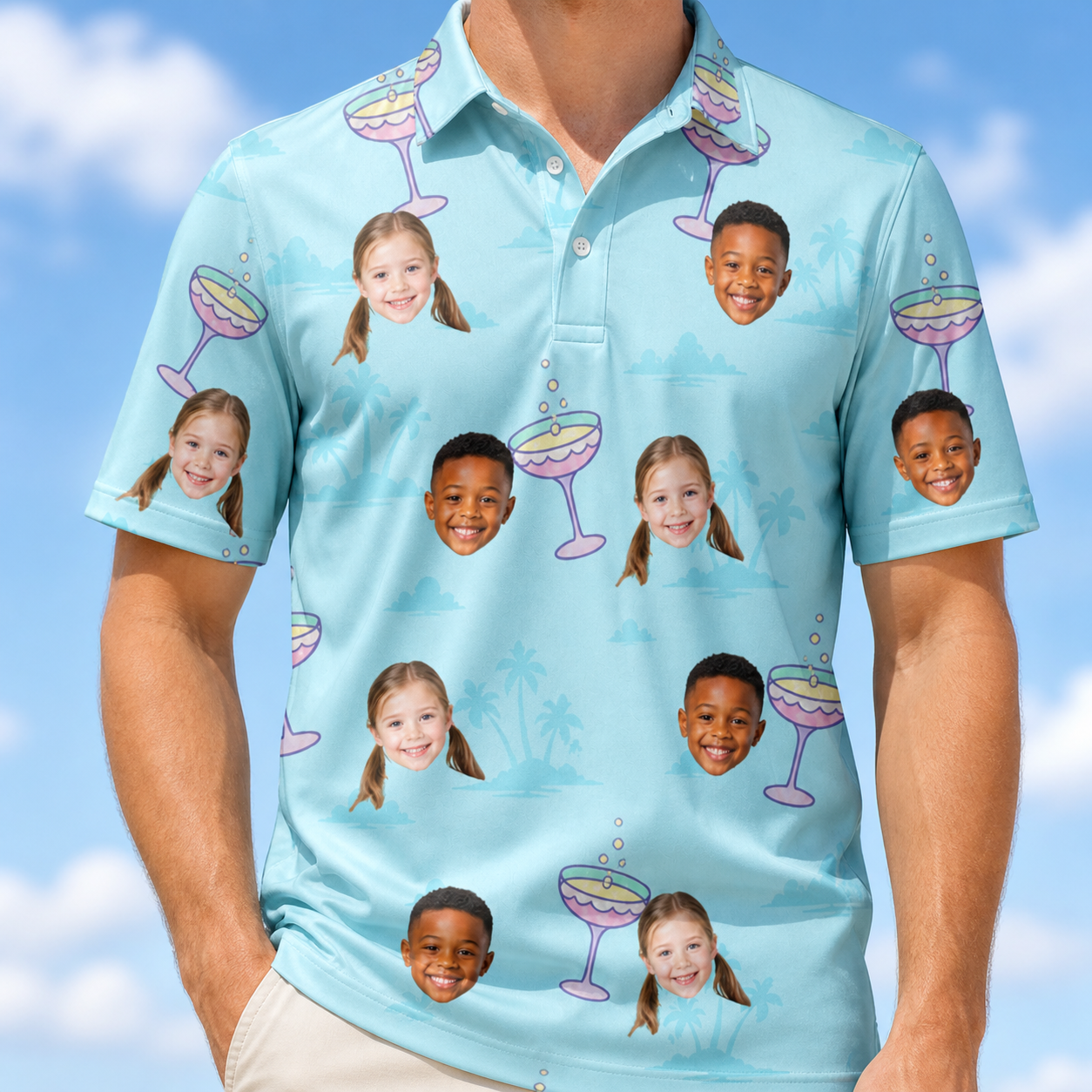 Model wearing Men's Cork Kisses Custom Face Polo Shirt printed with kids' faces