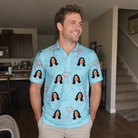 Real-life photo of someone wearing Men's Cork Kisses Custom Face Polo Shirt — custom faces printed all-over