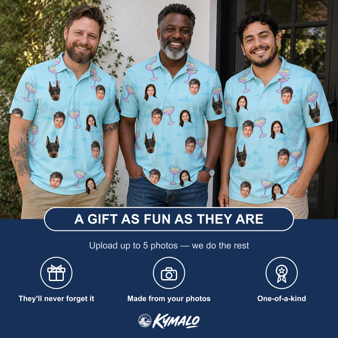 Friends in matching Men's Cork Kisses Custom Face Polo Shirt — a group gift photo