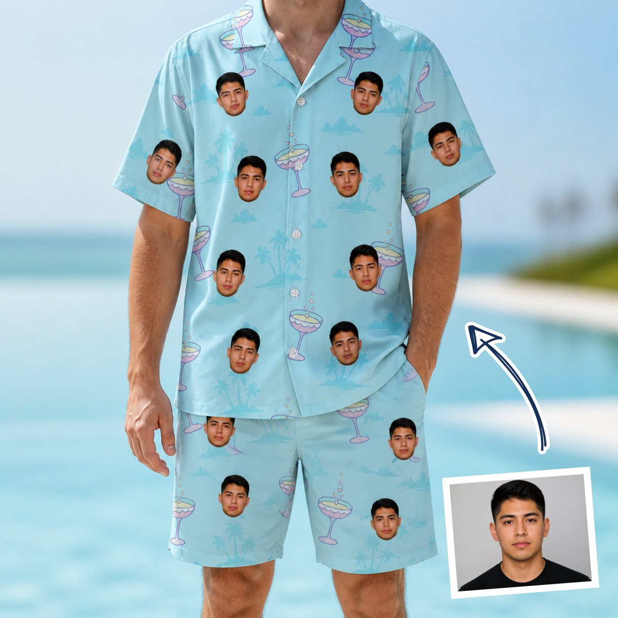 Man wearing Men's Cork Kisses Custom Face Shirt & Shorts Set — custom faces printed all-over