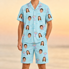Model wearing Men's Cork Kisses Custom Face Shirt & Shorts Set printed with kids' faces