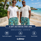 Friends in matching Men's Exotic Excursion Custom Face Beach Shorts — a group gift photo