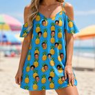 Model wearing Women's Exotic Excursion Custom Face Off-Shoulder Dress printed with kids' faces
