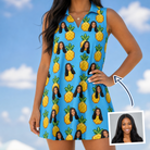 Woman wearing Women's Exotic Excursion Custom Face V-Neck Dress — custom faces printed all-over