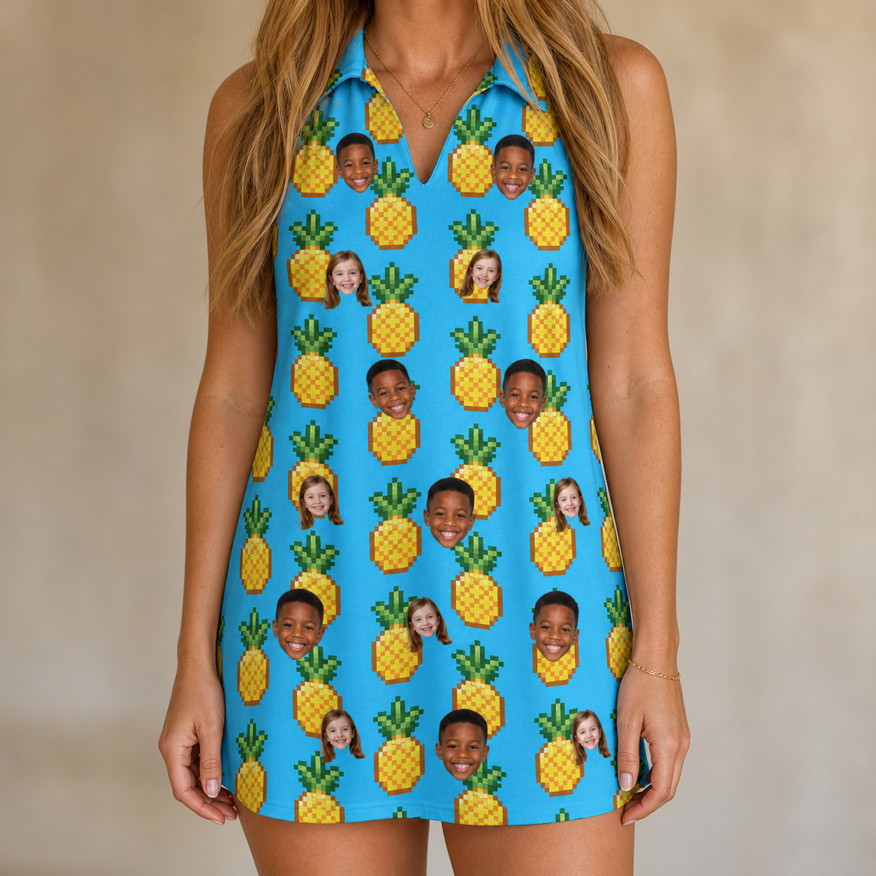 Model wearing Women's Exotic Excursion Custom Face V-Neck Dress printed with kids' faces