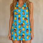 Model wearing Women's Exotic Excursion Custom Face V-Neck Dress printed with kids' faces