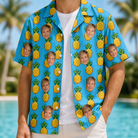 Man wearing Men's Exotic Excursion Custom Face Hawaiian Shirt open over a white tee