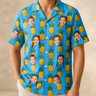 Model wearing Men's Exotic Excursion Custom Face Hawaiian Shirt printed with kids' faces