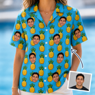 Woman wearing Women's Exotic Excursion Custom Face Hawaiian Shirt — custom faces printed all-over