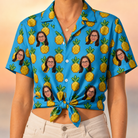 Woman wearing Women's Exotic Excursion Custom Face Hawaiian Shirt tied at the waist