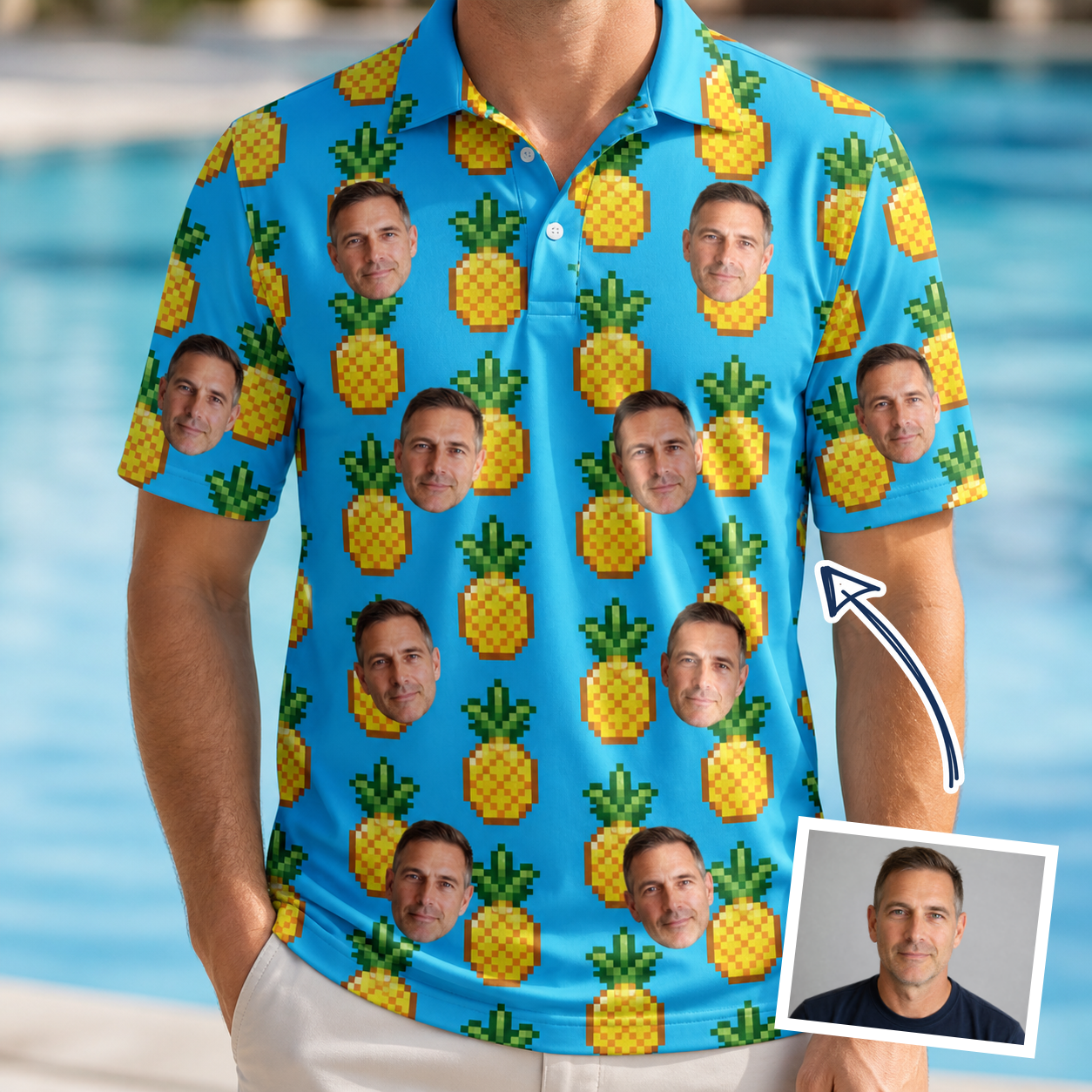 Man wearing Men's Exotic Excursion Custom Face Polo Shirt — custom faces printed all-over