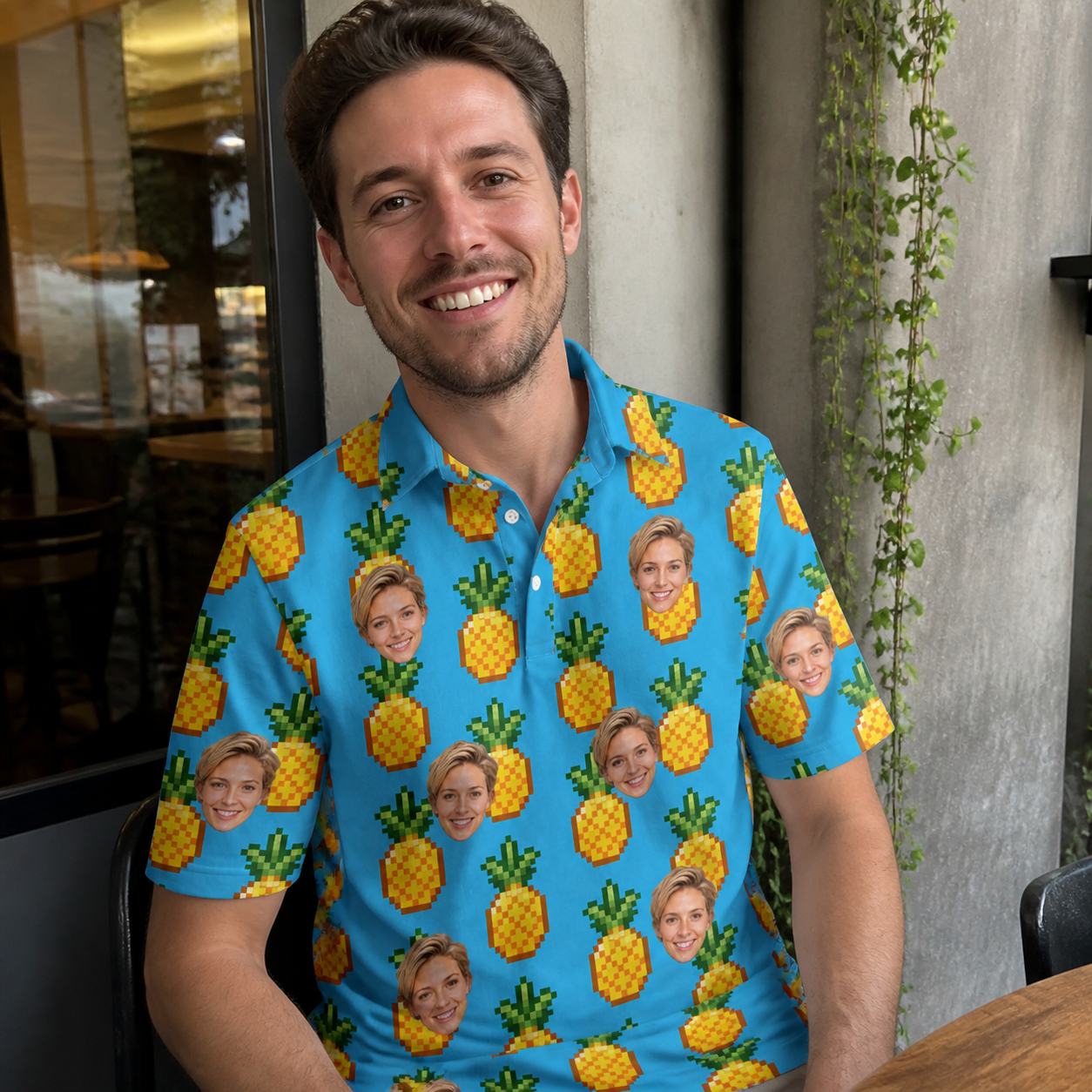 Real-life photo of someone wearing Men's Exotic Excursion Custom Face Polo Shirt — custom faces printed all-over