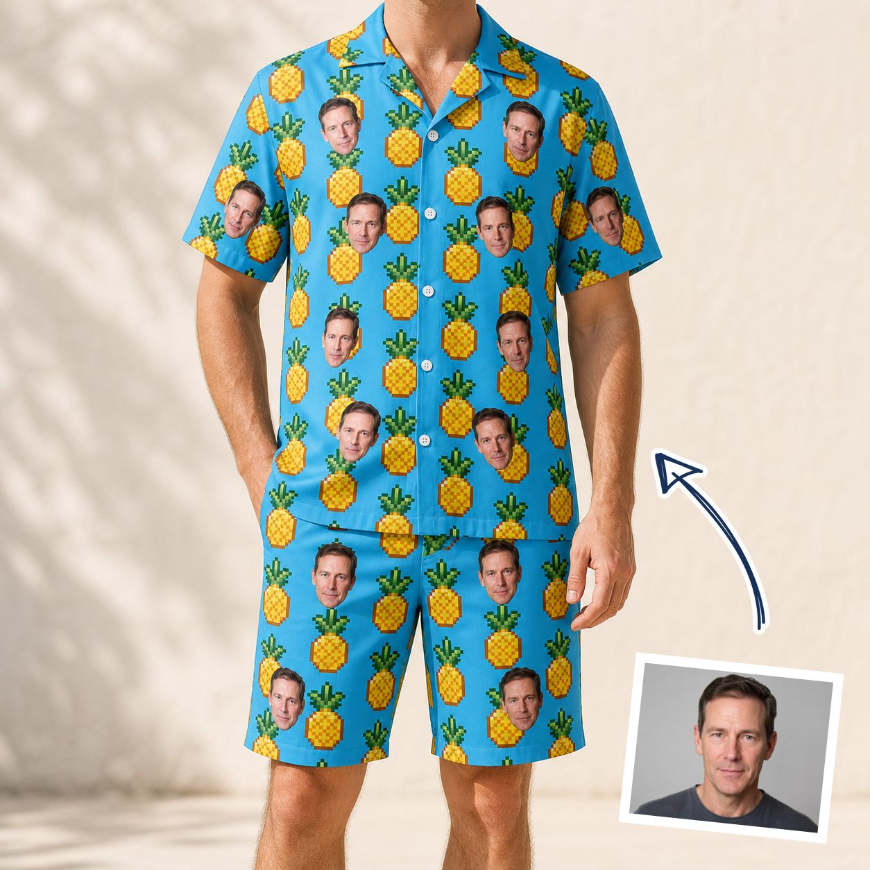 Man wearing Men's Exotic Excursion Custom Face Shirt & Shorts Set — custom faces printed all-over