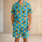 Model wearing Men's Exotic Excursion Custom Face Shirt & Shorts Set printed with kids' faces